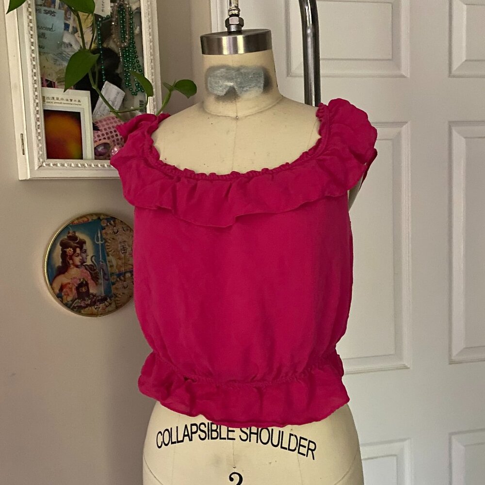EXPRESS Pink 100% silk Fuchsia Ruffled Trim Peasant Crop Tank Tunic Shirt *9/10*